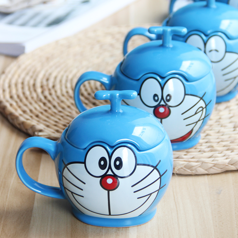 带盖带勺哆啦a梦叮当猫创意卡通杯子陶瓷马克杯水杯咖啡杯子杯子勺子