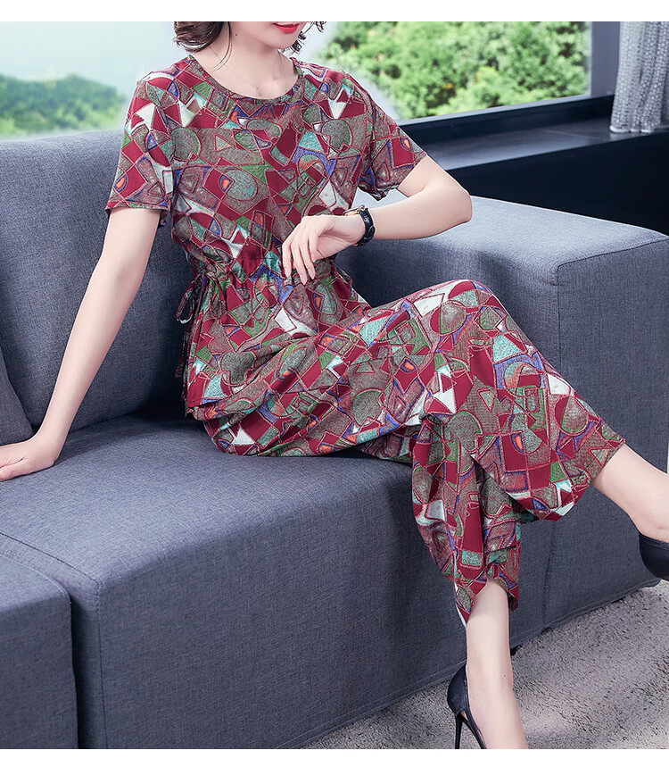 设计师经典棉绸套装女时尚外穿夏季两件套短袖妈妈收腰休闲大码人造棉