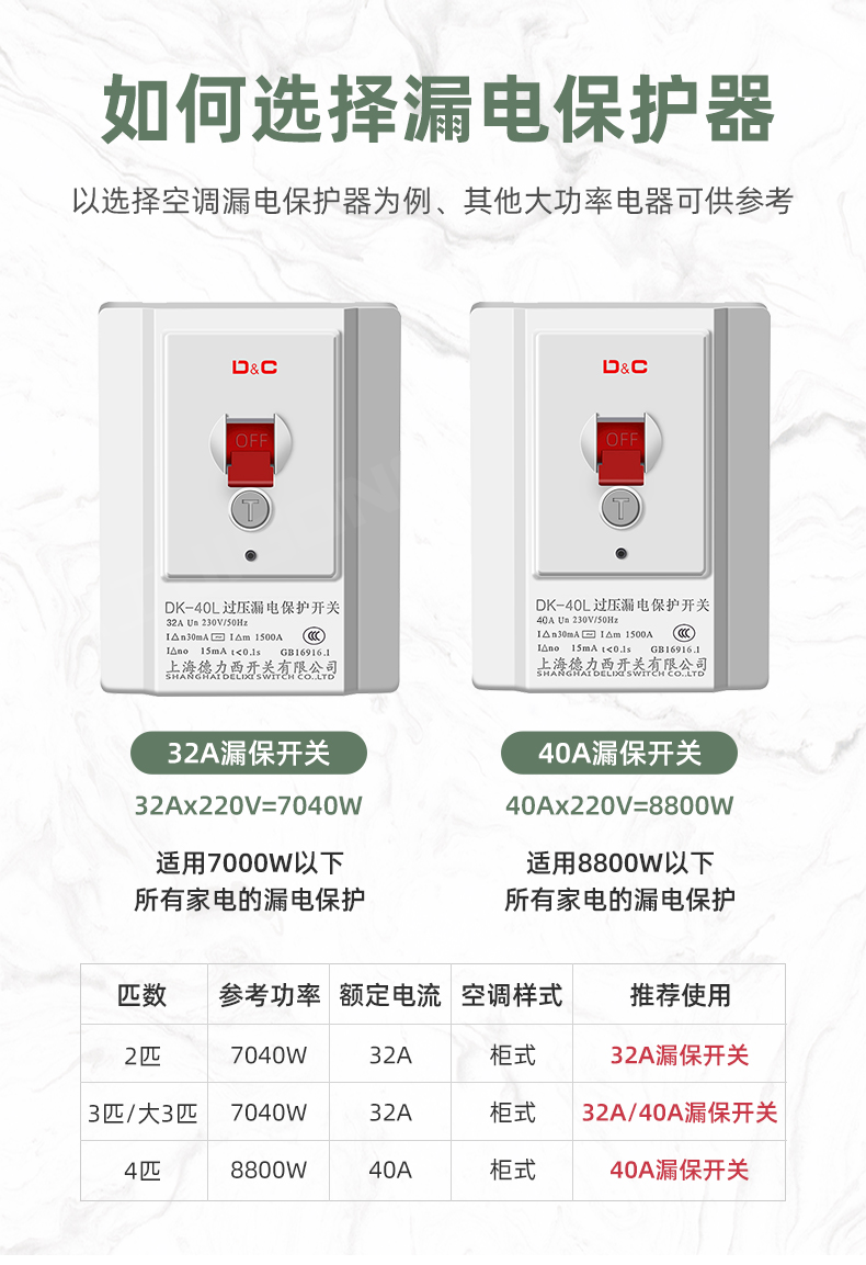 上海德力西开关 漏电保护器2p3p柜机220V空调插座家用32A86型 电热器漏保空气断路器 白色32A