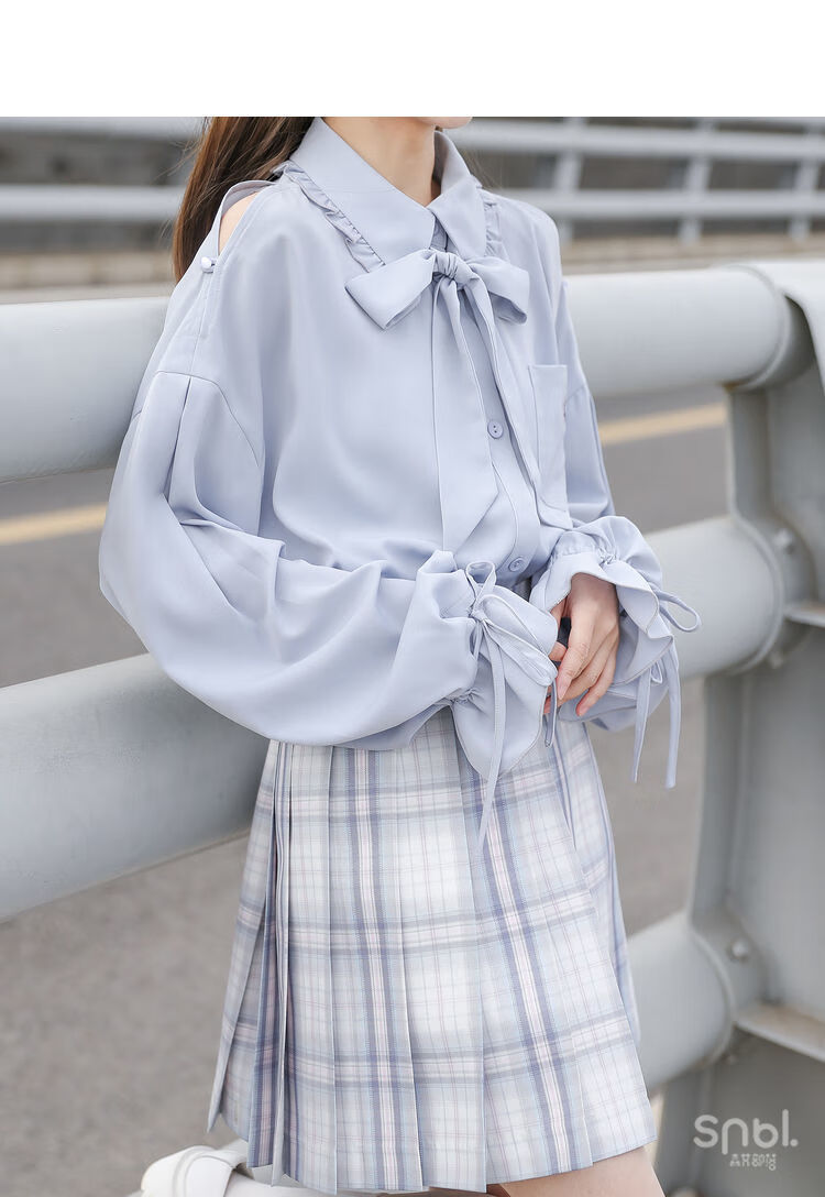 法式小众上衣学生上衣设计感小众露肩衬衫2022早春新款jk衬衣女潮蓝色