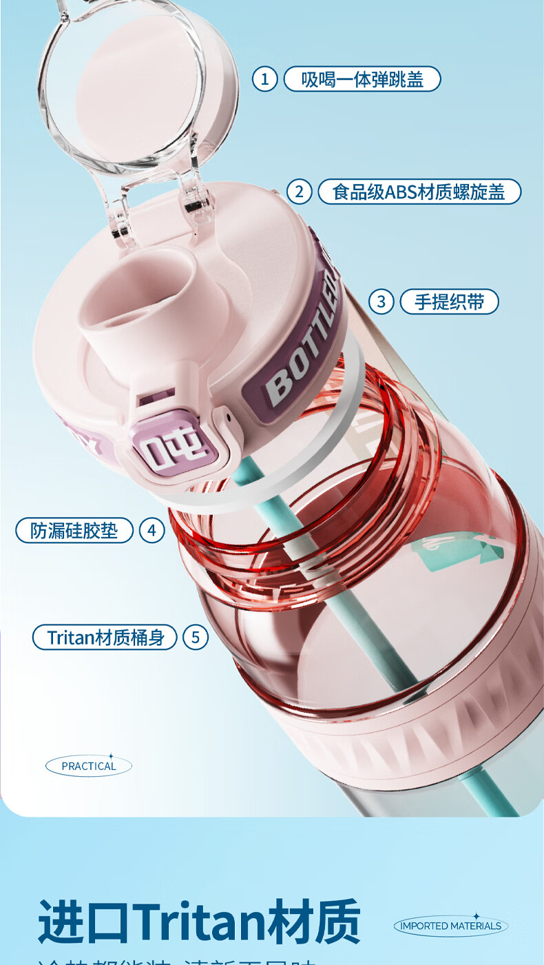 吨吨 BOTTLED JOY运动水壶渐变畅吨吨桶大容量水杯女健身顿顿桶随手杯 渐变畅吨吨550ml【粉蓝云海】