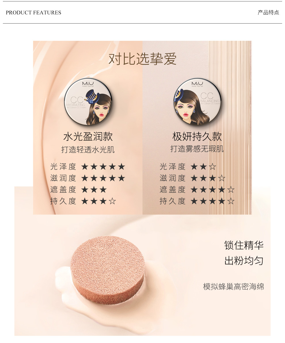 妙媚(M\x26U)气垫cc霜保湿持久不脱妆防水提亮肤色遮瑕不卡粉干油皮 极妍02-暖调3白(自然)