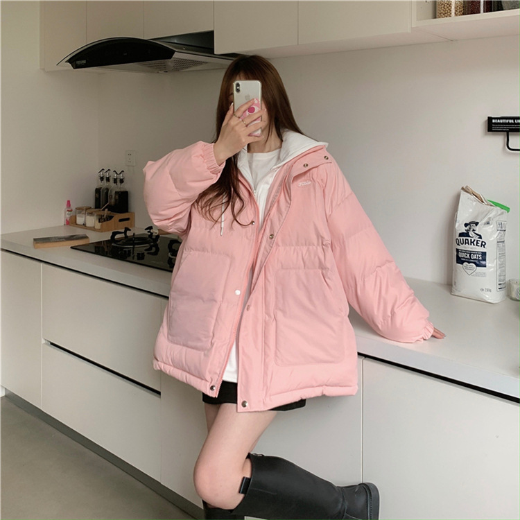 染假两件连帽棉服秋冬新款时尚女宽松加厚手塞棉面包服棉衣外套 粉色