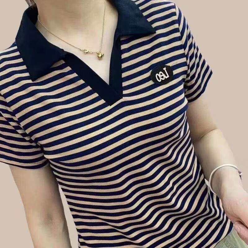 话语新款短女韩版美妆工具修身休闲女运动翻领 黑白条纹 M码