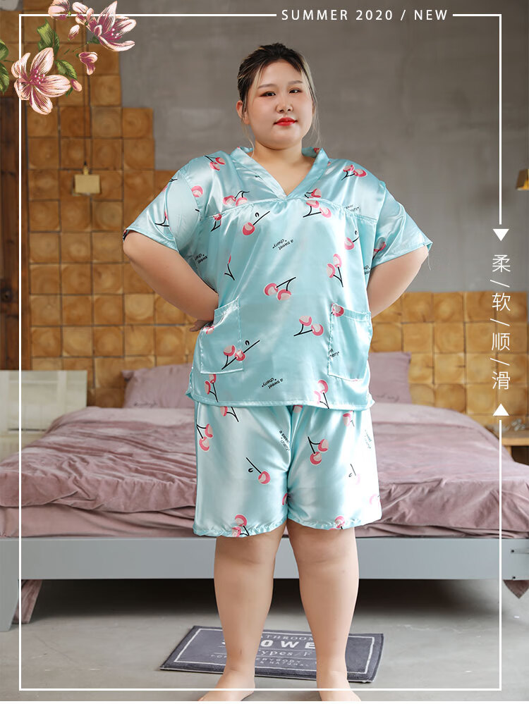 夏季冰丝睡衣女宽松短袖加肥冰丝绸家居服胖mm大码200斤套装汗蒸樱桃