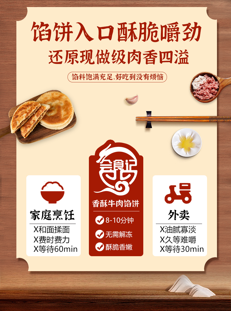 会食记 香酥牛肉馅饼300g 3片装牛肉酥皮手抓饼肉夹馍营养早餐儿童学生生鲜面点速食 300g*6包（3片/包）