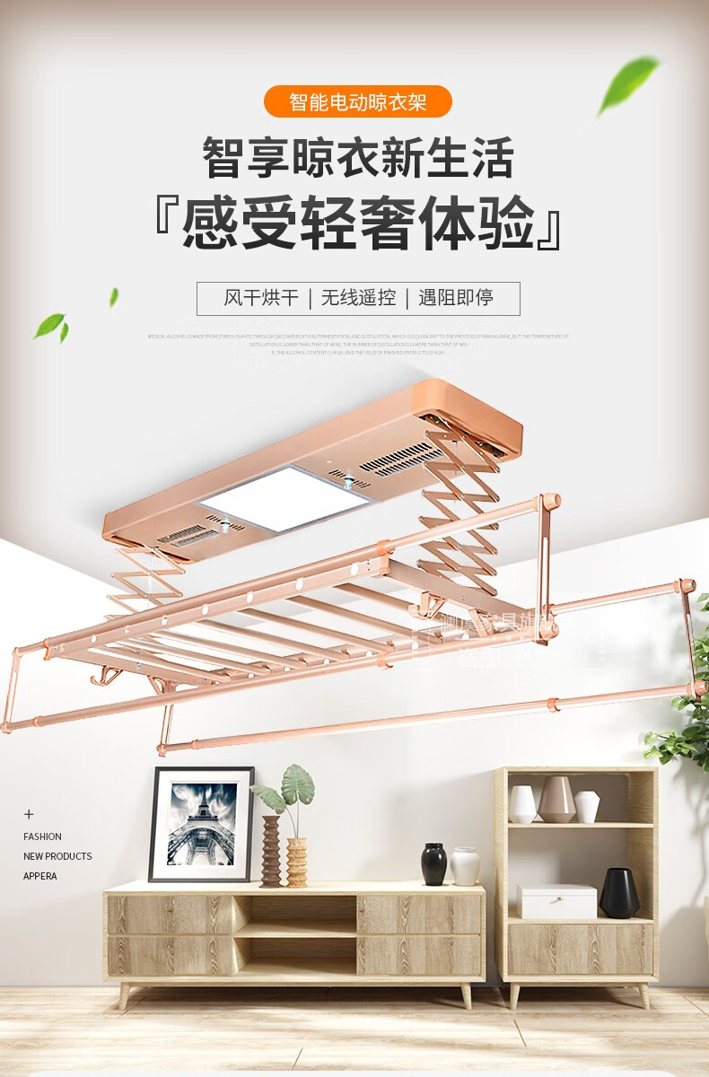电动晾衣架铝合金晾衣杆多功能无线遥控晒衣架全自动升降智能伸缩晾衣机阳台室外晾晒挂衣服架 高雅黑 4杆遥控升降+照明+横杆