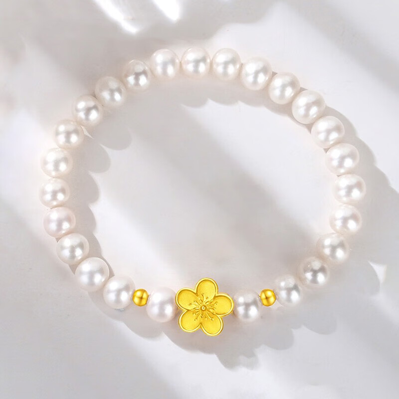转运珠手链999足金花朵樱花珍珠手串三八节礼物送女友黄金小桃花4粒光