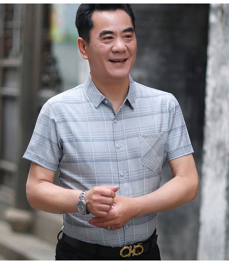 老爷车爸爸夏装新款短袖衬衫男口袋中老年人印花衬衣薄款上衣服爷爷装