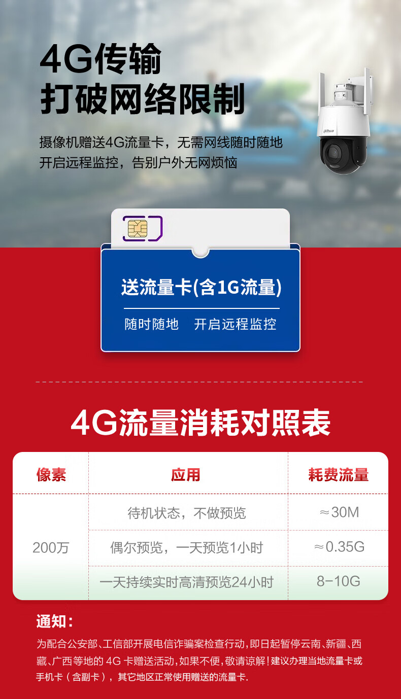 dahua大华4g无线监控摄像头太阳能电池4g流量卡变焦球机双光全彩夜视