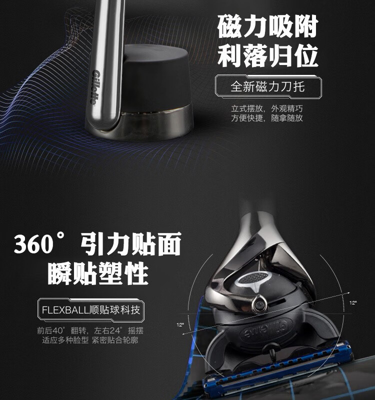 吉列（Gillette） 锋速5刀片锋隐致顺剃须刀男士手动刮胡刀引力盒 1刀架 4刀头 +须泡+底座+刀套