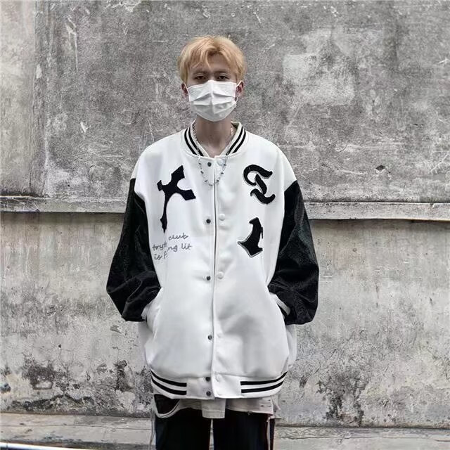 苏京猫欧美街头十字架植绒刺绣棒球服夹克男ins潮牌美式复古情侣款