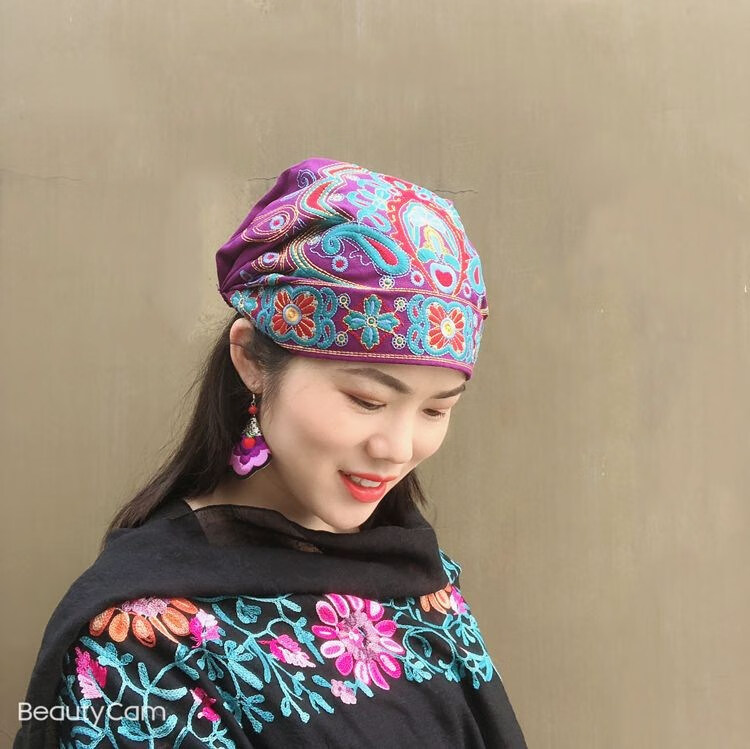 中国民族风刺绣花帽子头巾旅游帽复古包头帽杨丽萍同款女士帽 3021天