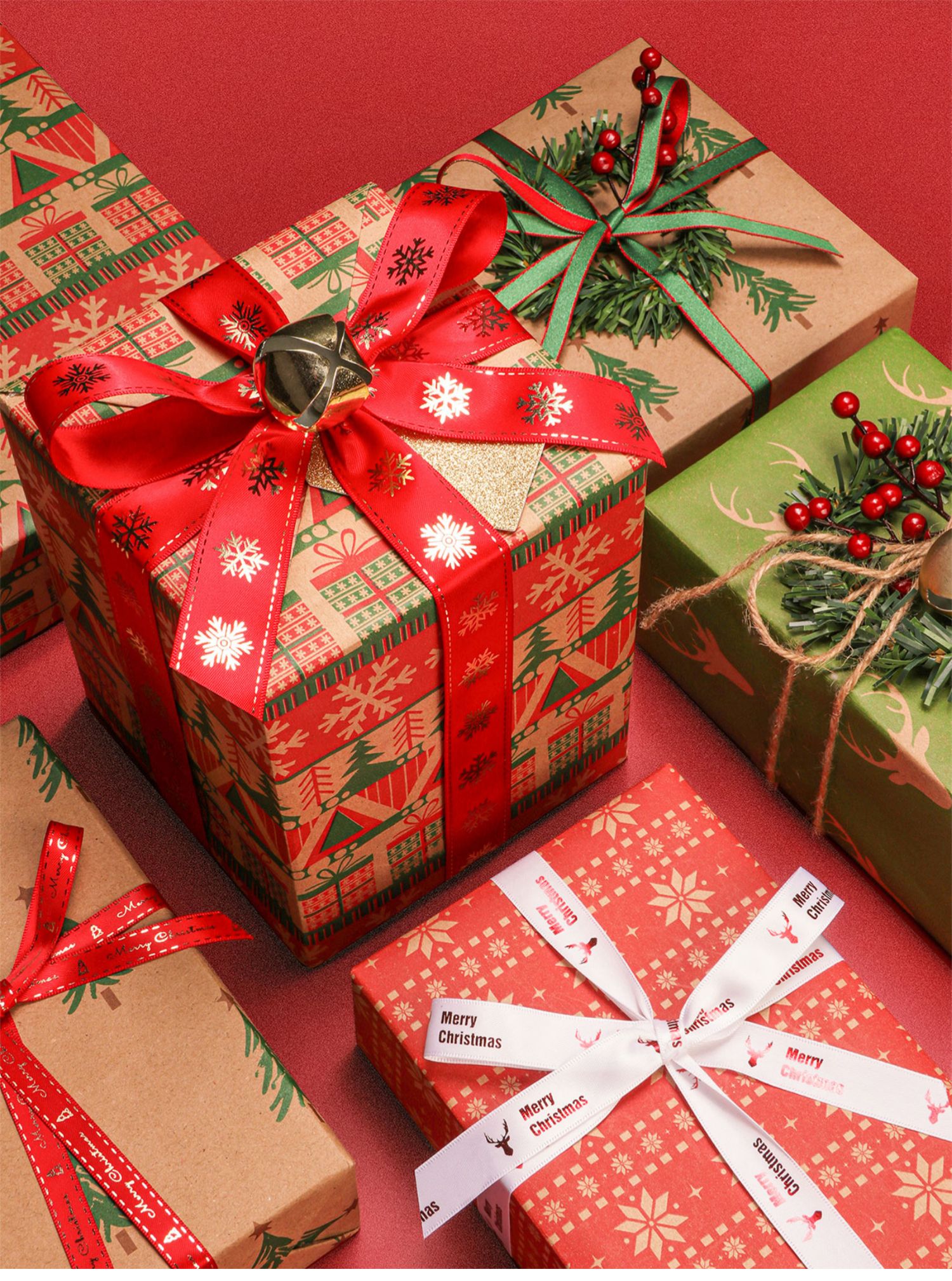 尺寸礼物包书皮纸节日礼盒手工diy包装材料超大牛皮纸圣诞麋鹿纸套装