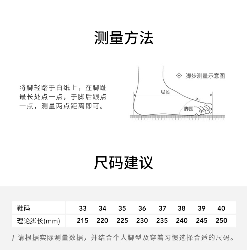 测量方法脚步测量示意图将脚轻踏于白纸上,在脚趾最长处点一点,于脚后跟点脚长点,测量两点距离即可尺码建议鞋码3334353637383940理论脚长(mm)215220225230235240245250请根据实际测量数据,并结合个人脚型及穿着习惯选择合适的尺码。-推好价 | 品质生活 精选好价