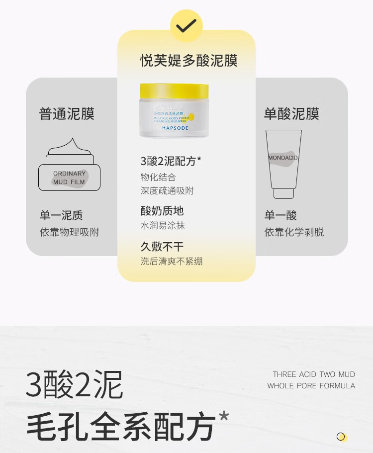 悦芙媞（Hapsode）多酸泥膜油皮深度清洁去黑头白头学生果酸清洁泥膜涂抹式面膜男女 100g