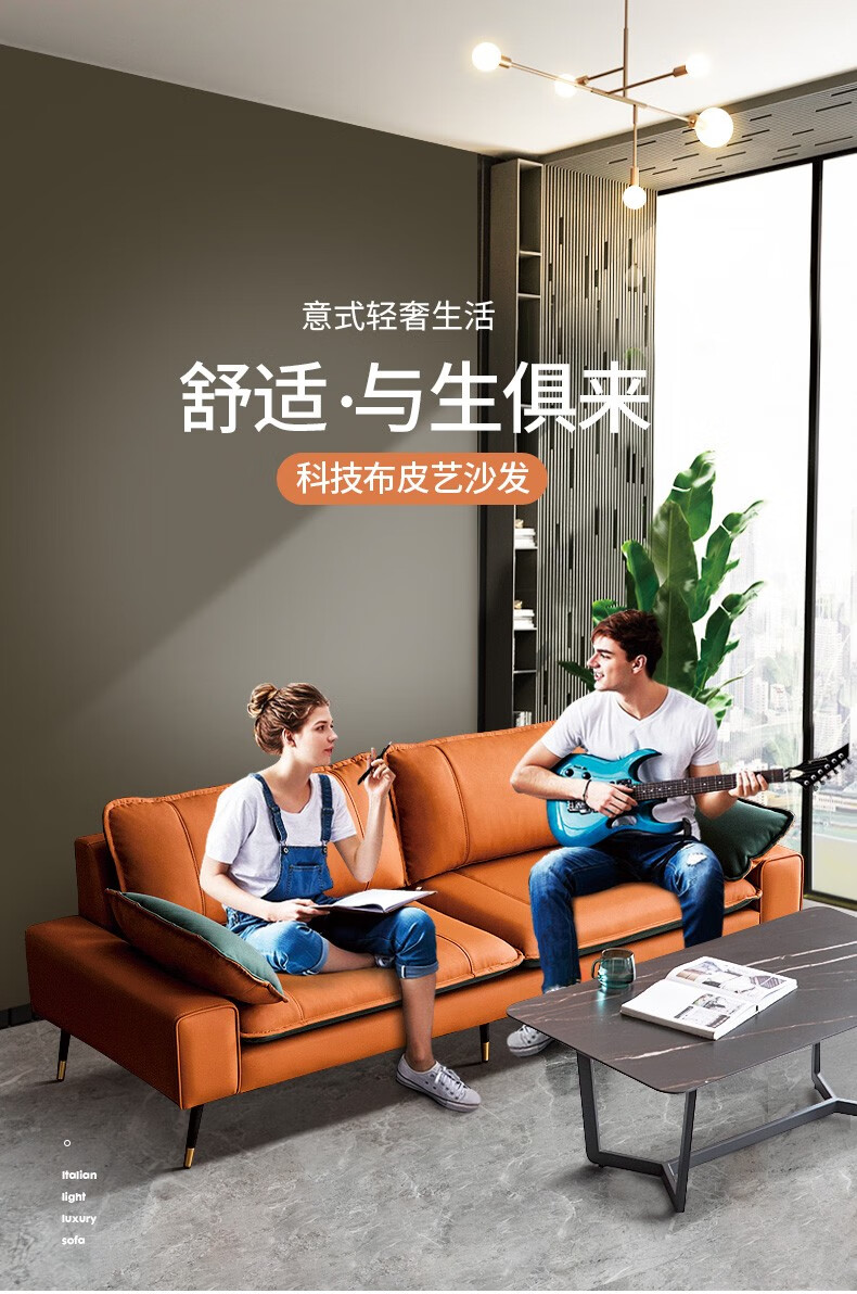 懒悠悠 意式极简小户型皮沙发客厅家具双人直排小沙发简约轻奢皮艺科技布沙发 【皮布款】驼色+墨绿(送货到家) 三人位(220cm)
