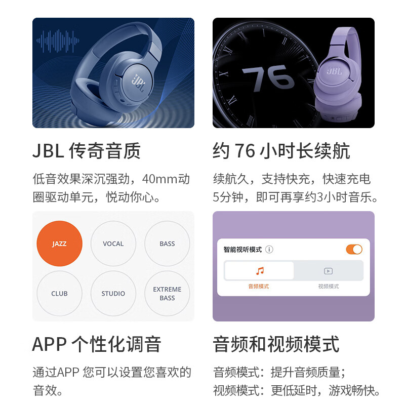 JBL TUNE 720BT 头戴式无线耳机 深空黑)