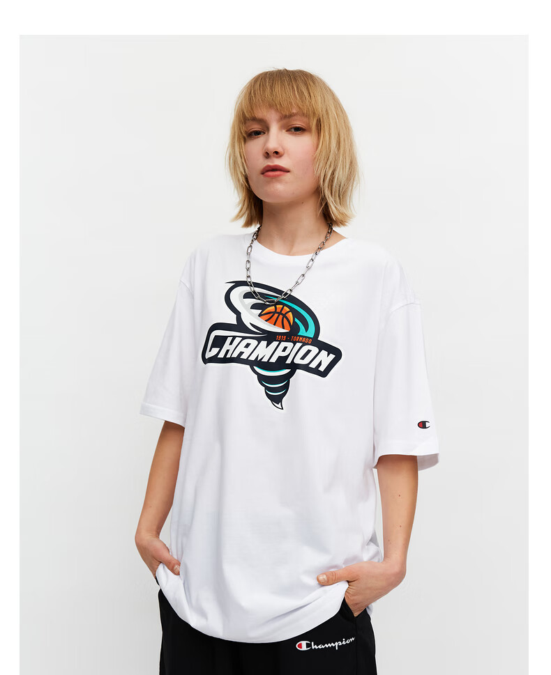 Champion春夏新款篮球LOGO印花运动T恤冠军短袖男女情侣 白色 L
