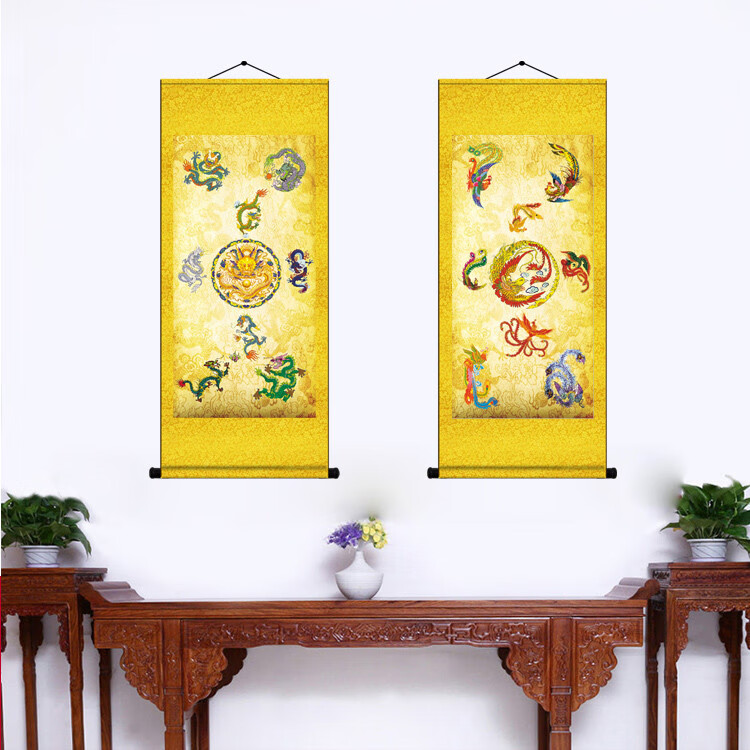 秋意辰九龙图挂画玄关九凤画卷轴画画装饰画竖版丝绸装饰画 c款九龙