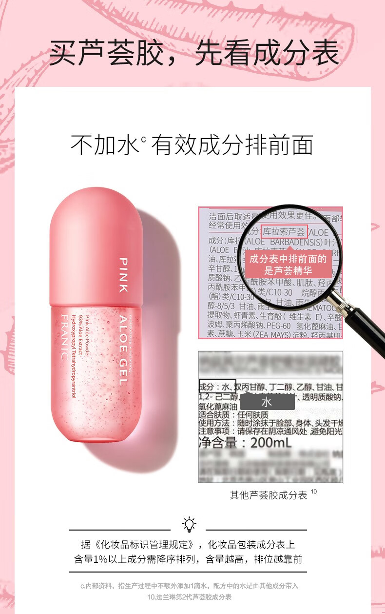 法兰琳卡（FRANIC）粉红芦荟胶300g凝缩精华型晒后修护肌肤补水保湿收缩毛孔女男士专用芦荟胶囊 粉红芦荟胶60g