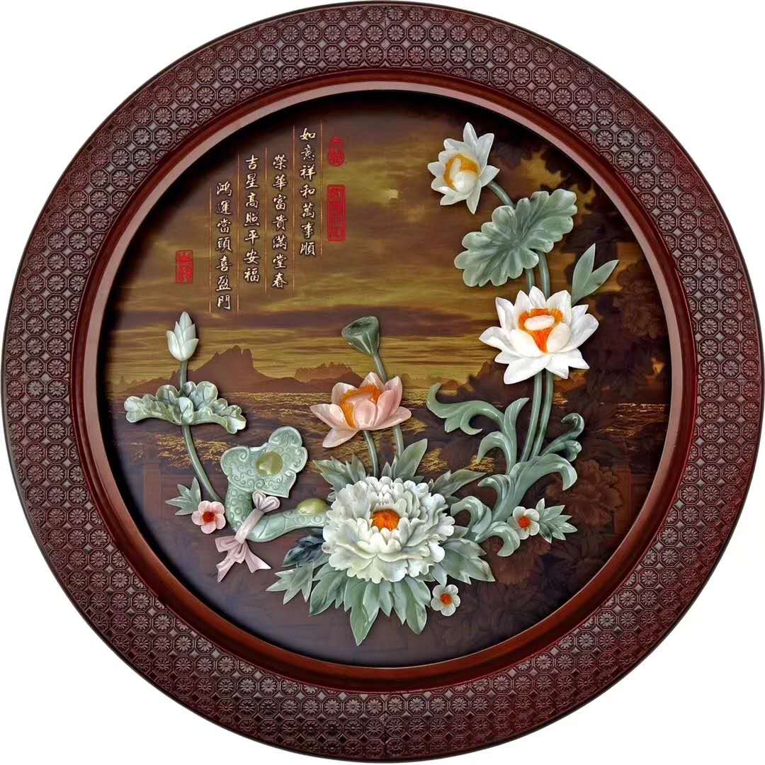 迪斯普麦 新中式玉雕画玄关客厅沙发背景墙装饰画圆形立体浮雕餐厅