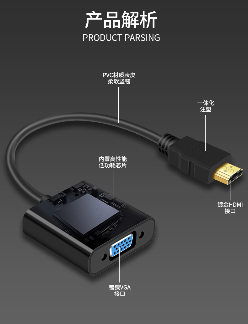 hdmi转vga接头转换器带音频输出接口高清视频投屏转接