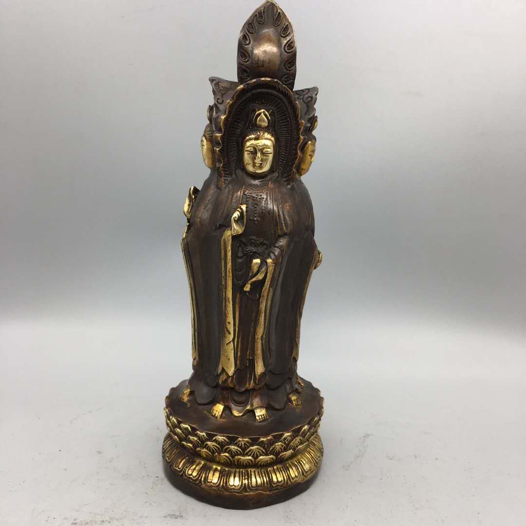 鼎盛福纯铜三面佛摆件铜西方三圣坐莲花三宝佛家居装饰观音菩萨神像