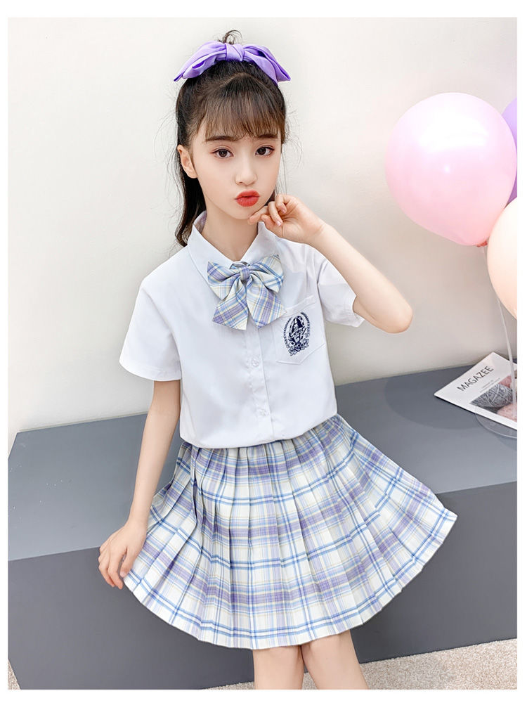 小孩夏天套装儿童jk格裙套装百褶裙皓海短袖9岁女童学院风10岁小学生