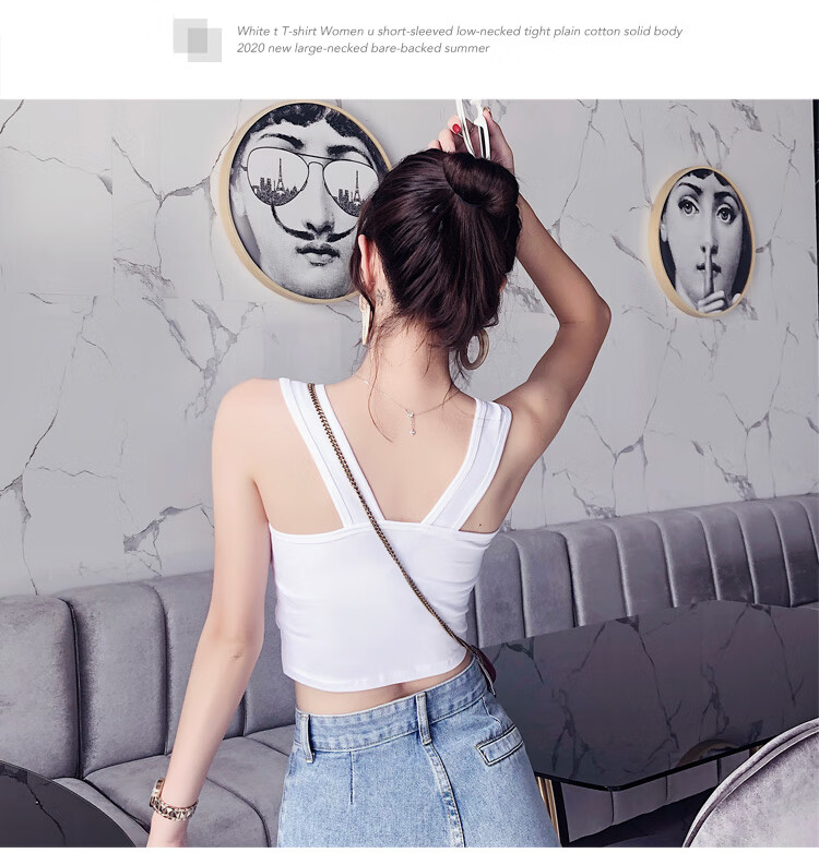 旋律依然 黑色t恤无袖打底上衣吊带背心女紧身超短款露脐漏肚u领体恤