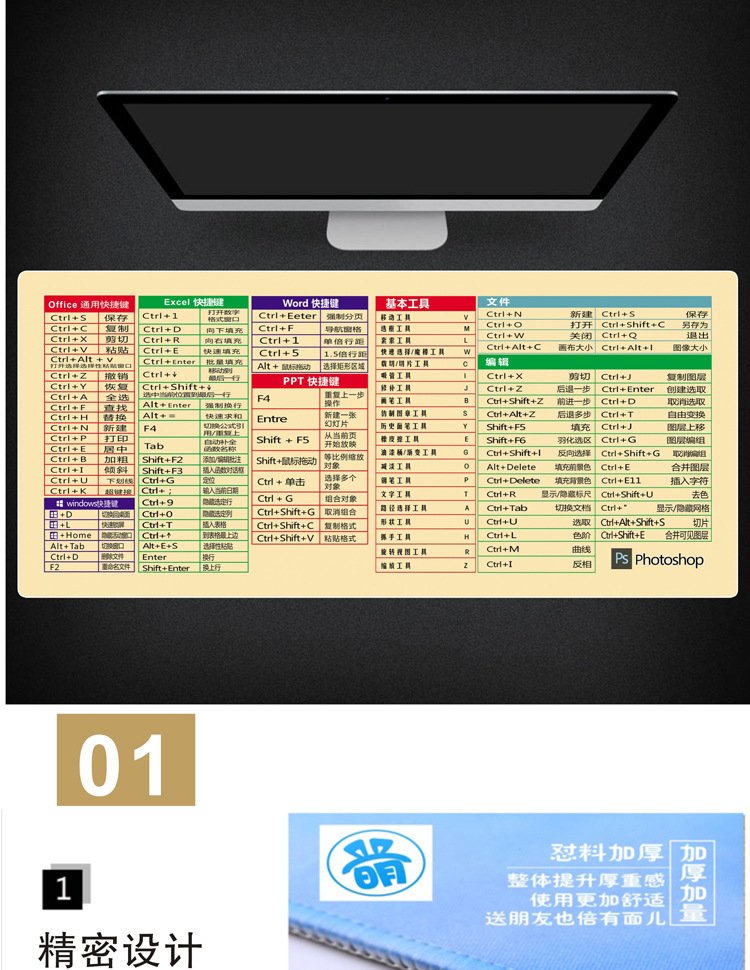 超大号加厚办公 ppt excel cad ps word office常用快捷键鼠标垫键盘