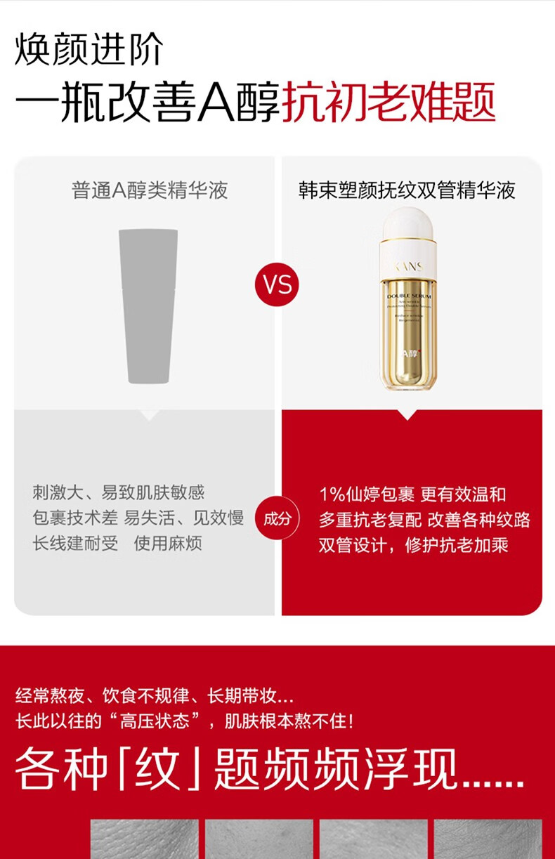 韩束（KanS）护肤品精华保湿修护紧致改善淡化皱纹双A醇送老婆女友妈妈礼物 双管塑颜抚纹精华液72ml