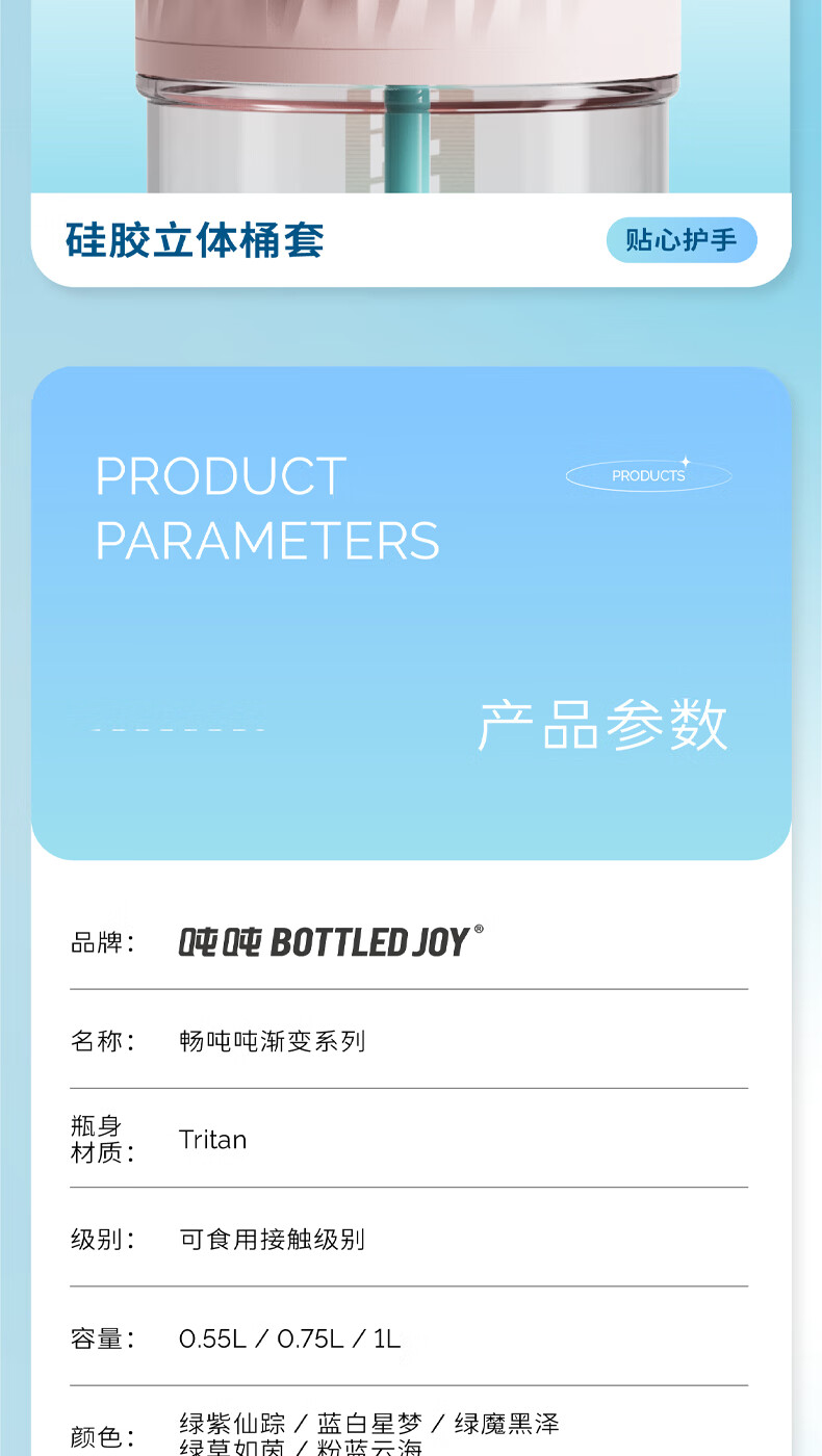 吨吨 BOTTLED JOY运动水壶渐变畅吨吨桶大容量水杯女健身顿顿桶随手杯 渐变畅吨吨550ml【粉蓝云海】