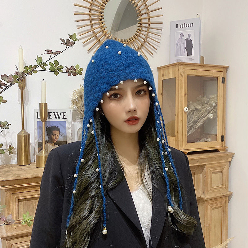 尚美茵帽子女秋冬手工钩花文艺复古针织帽网红直播仙女珍珠镂空流苏帽