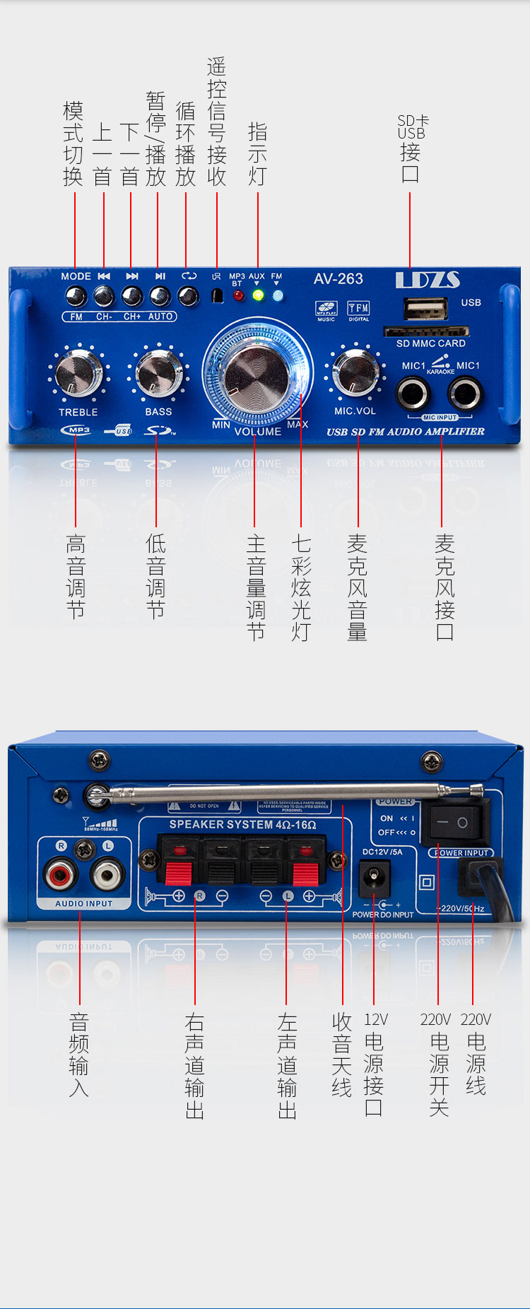 音量插usb音响专业发烧无线蓝牙功放家庭音箱大功率放大器263功放2个