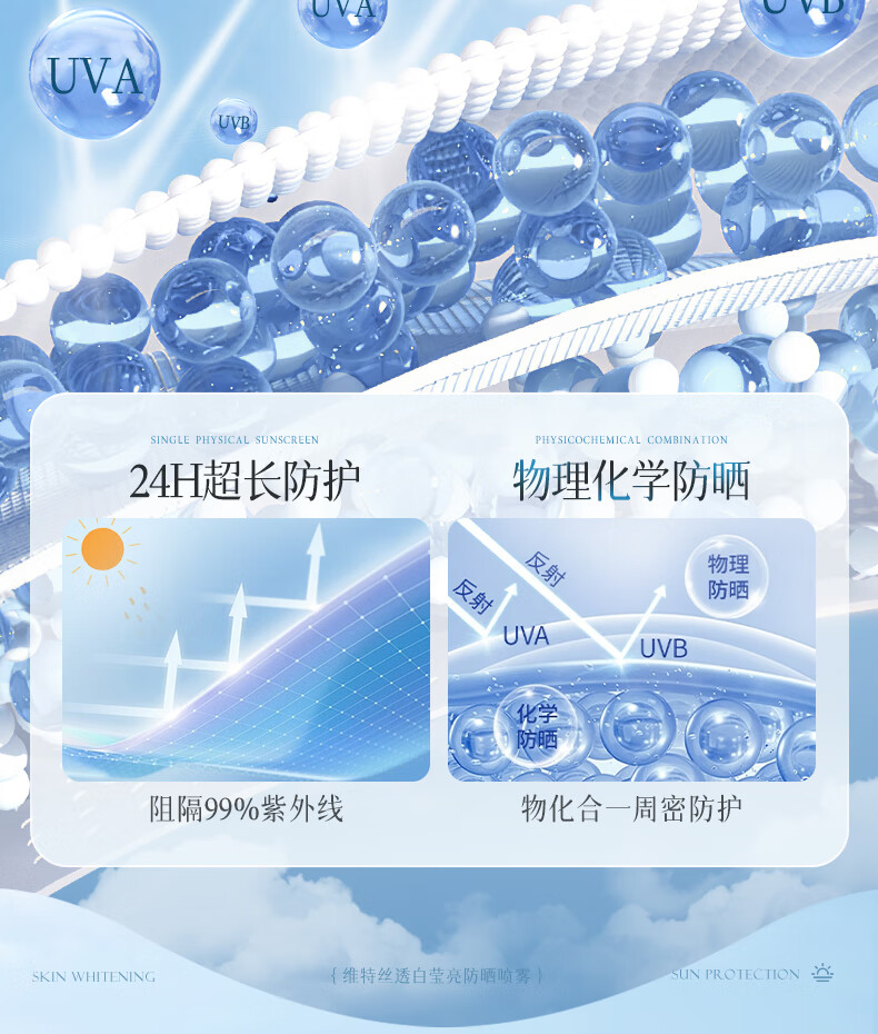 维特丝防晒霜喷雾美白遮瑕隔离紫外线男女士防水汗持久全身儿童学生军训 SPF50+ 150ml 海边沙滩户外专用