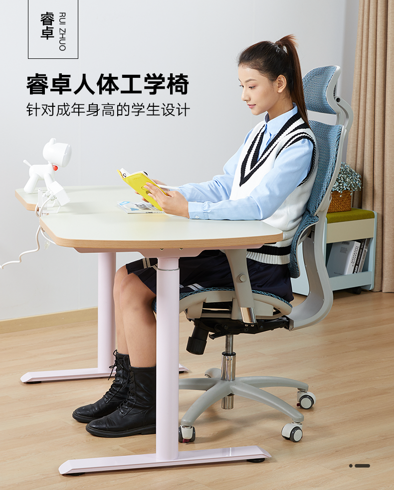 ktow誉登学习椅子久坐中学生青少年矫坐姿初高中生写字家用升降功能人体工学座椅 炫酷黑【灰框黑网+弹性腰枕+3D扶手+双控底盘】