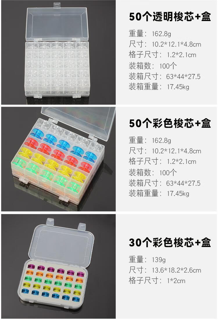 8，家用多功能縫紉機通用梭心彩色收納盒透明底線金屬帶線塑料梭芯 25格空梭芯盒 家用款