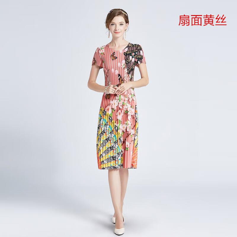 中老年女装2021夏装女装短袖连衣裙印花百褶裙胖太太夏季褶皱中长款