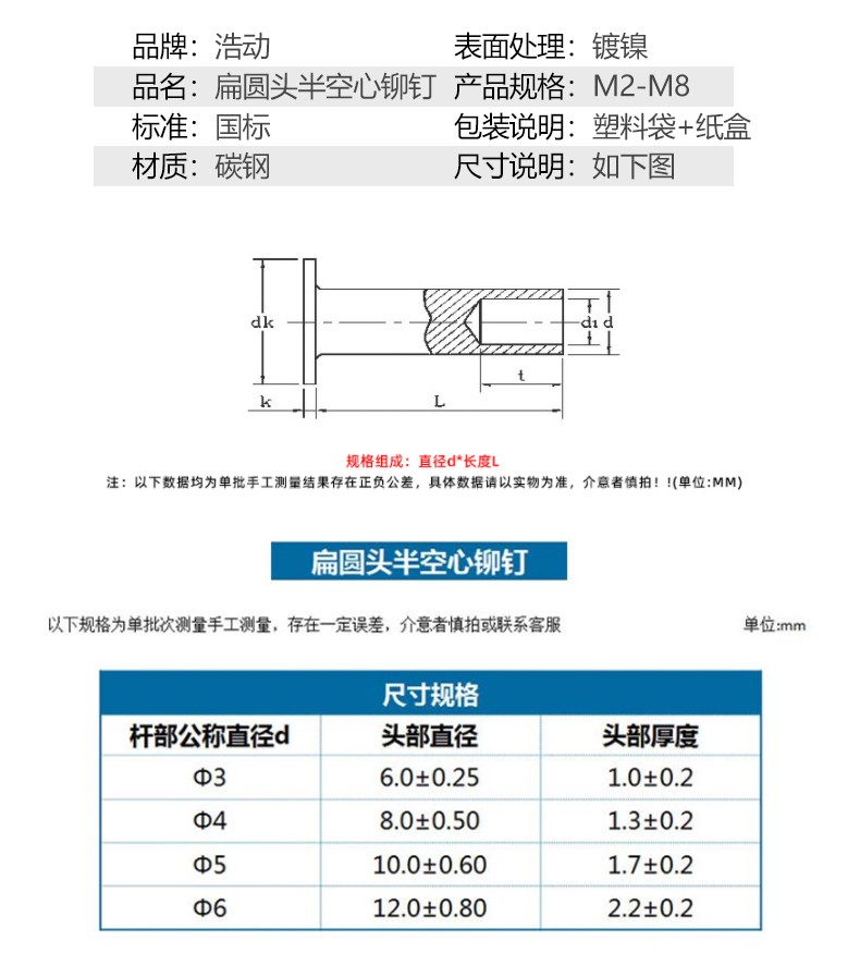 半空心铆钉 镀镍品牌:浩动本店好评商品商品评价(0)售后保障规格与