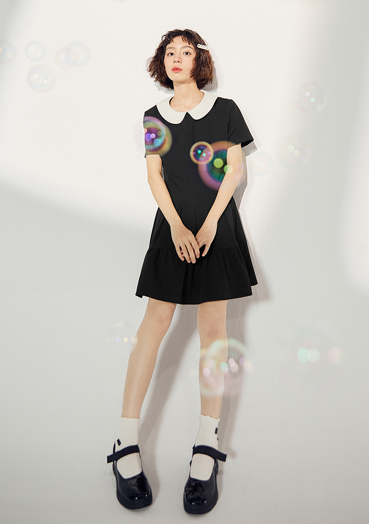 【新品】乐町气质连衣裙2021早春少女甜美分割小黑裙学院风连衣裙