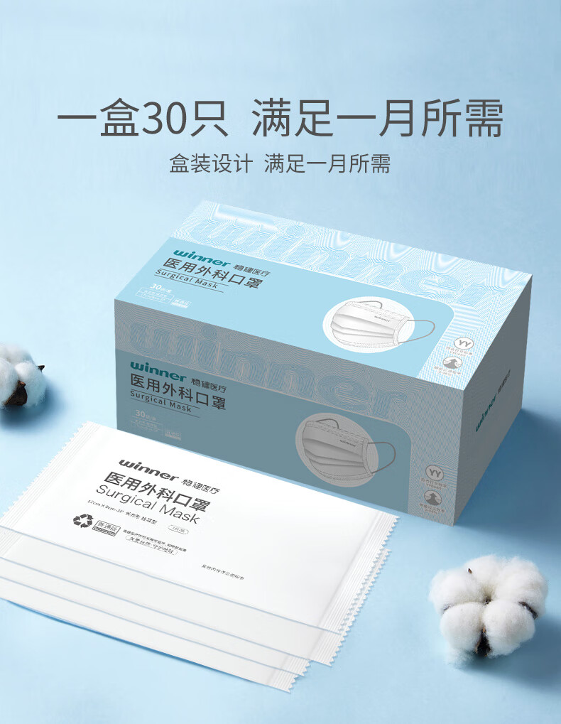 稳健医用外科口罩 一次性医用口罩成人稳健口罩 医用防细菌防喷沫日用防护外科口罩医用 非独立 50只/盒（3盒）