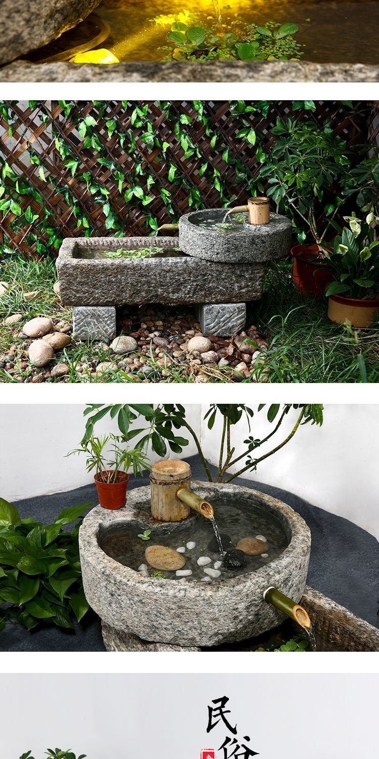 老旧石槽鱼缸造景方形小石槽阳台流水组合庭院石盆水槽石头洗手盆