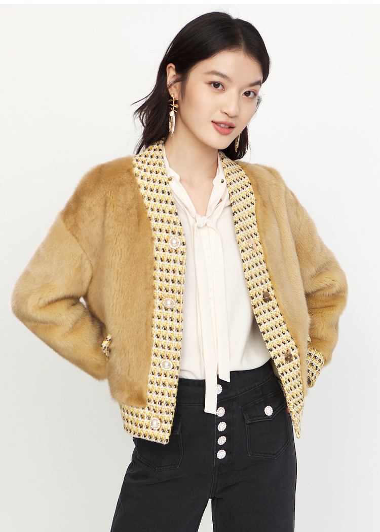 yiner音儿音儿女装2020冬季新款粗花呢拼接水貂毛皮草