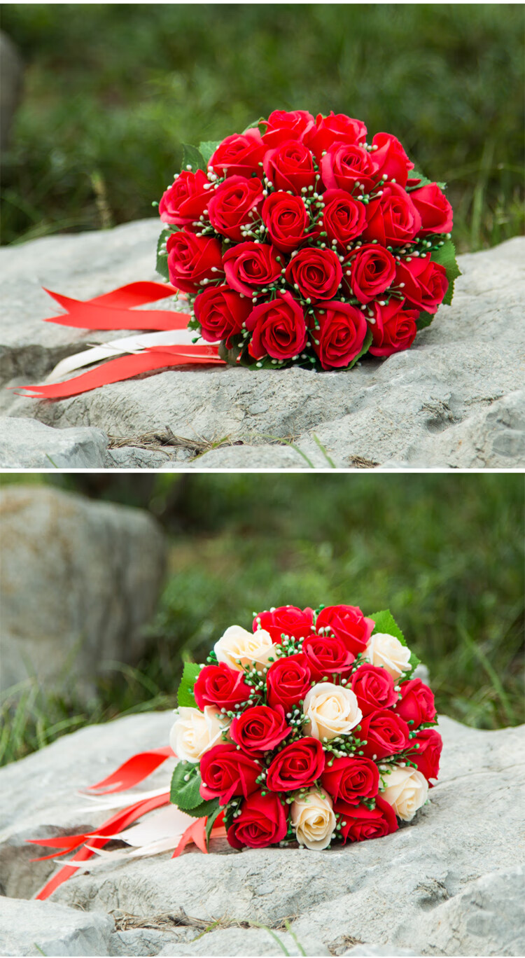 仟佰家 新娘手捧花香皂花结婚缎带手捧花束永生花仿真红玫瑰花摄影