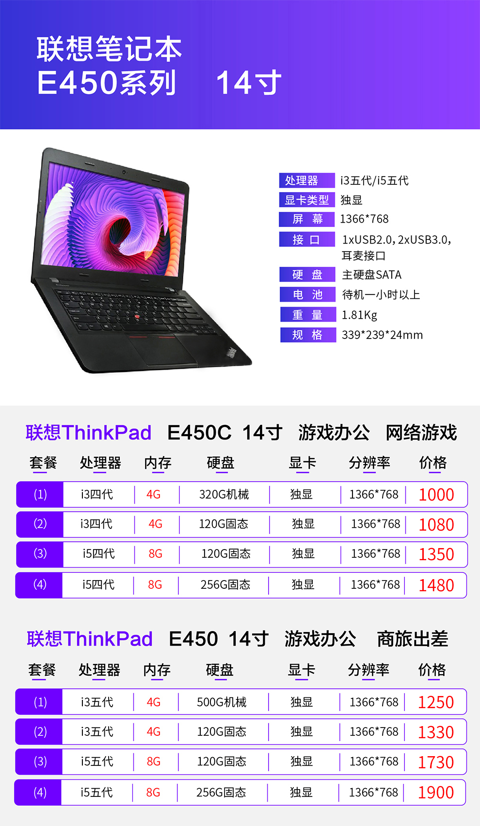 二手9成新联想thinkpade450i5五代独显二手笔记本电脑办公游戏本e4501