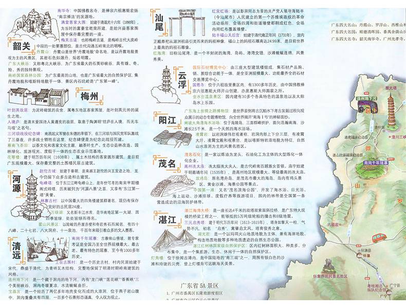 新时代广东省手绘地图 粤港澳大湾区各旅游名胜景点实物手绘地图 广东