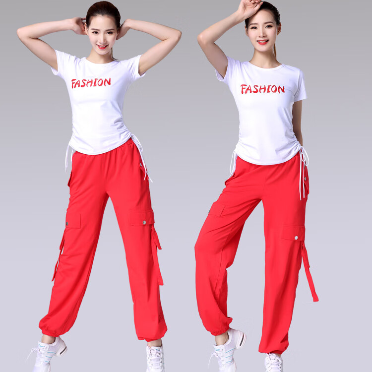 广场舞服装新款套装短袖夏装跳舞健身运动服女装舞蹈服 白衣 红色裤