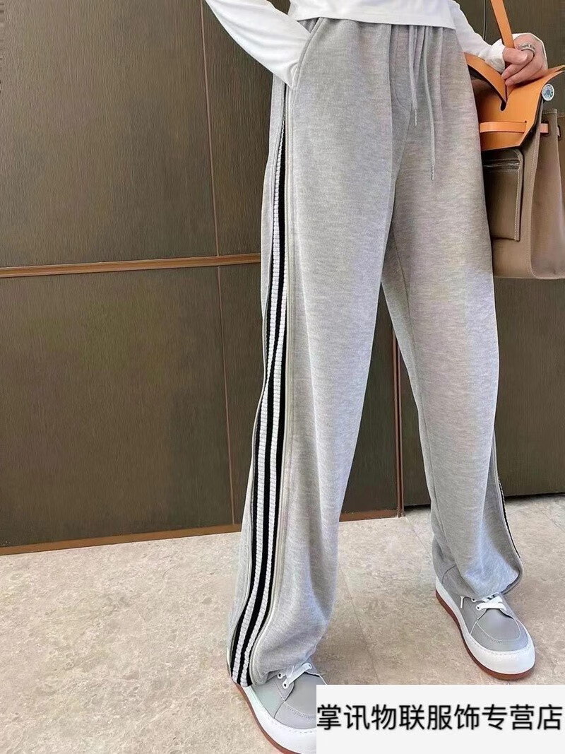 春夏季三条白杠条纹运动裤三白条三道白杠女休闲裤2021春季松紧腰系带