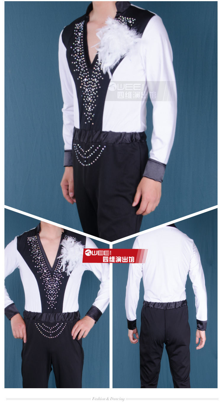 男士拉丁舞演出服装表演练功服广场舞蹈跳男步款烫钻长袖套装成人拉丁